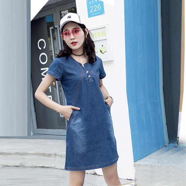 ĐẦM JEAN SUÔNG CỔ TRỤ TÚI XÉO